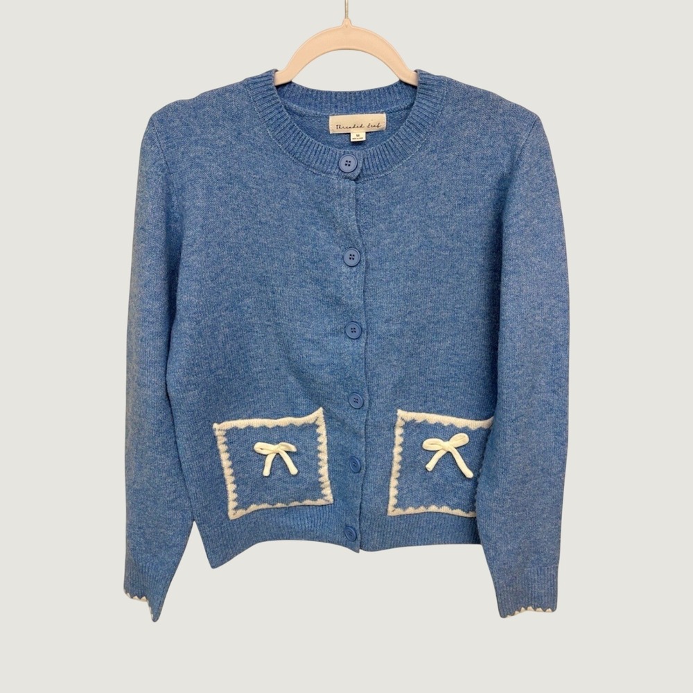 Coquette Grannycore Cardigan Bow Pockets Threaded Leaf Women M Blue Balletcore